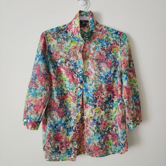 Coldwater Creek Womens Cotton-Silk Shirt Top Colorful 3/4 Sleeve Roll-Tab Size M - Picture 4 of 8